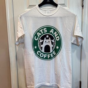 Gildan White T-Shirt with Green Cats and Coffee Design